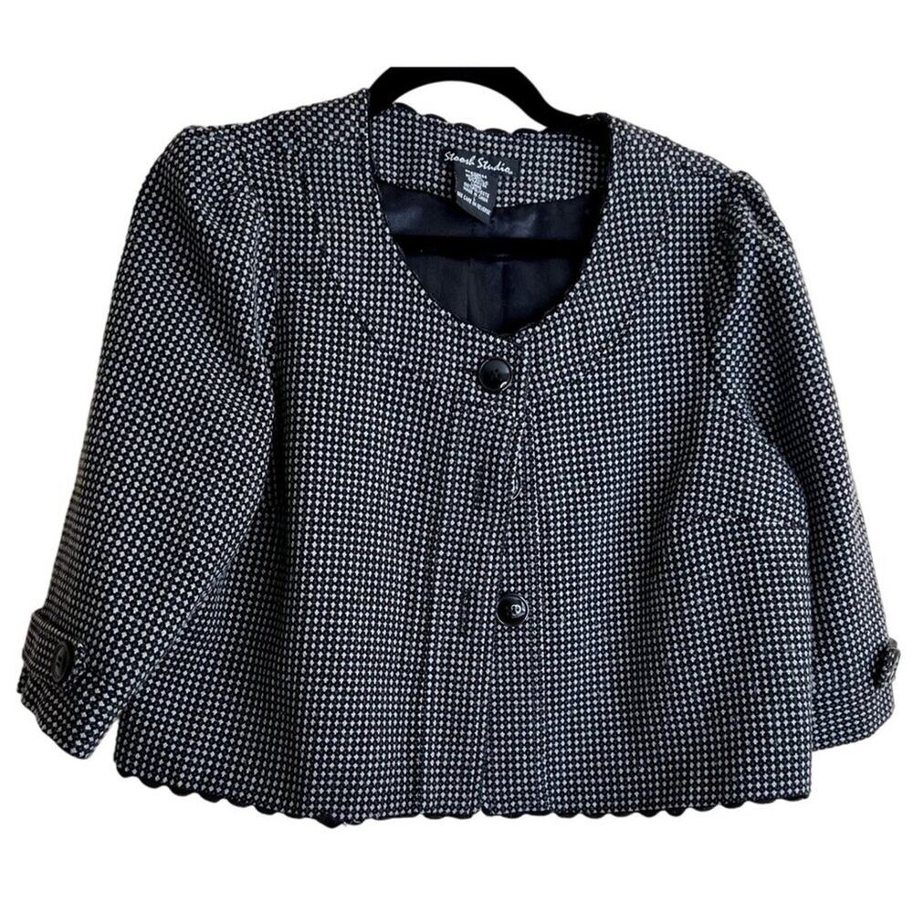 Stoosh Studio blazer Jacket Women Large Houndstooth jacquard tweed short cropped